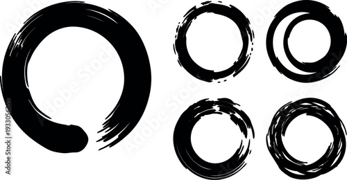 Ink brush enso circle set with rough strokes five variations isolated on white background minimalist zen hand painted bold black