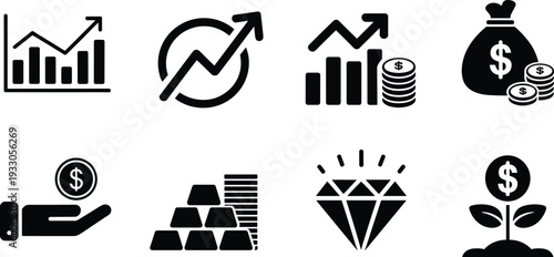 Financial growth and investment icon set isolated on gray background, business profit, money, savings and wealth management vector illustration