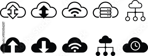 Cloud computing and data storage icon set, upload download sync, wifi connection, server database, network structure and backup time vector collection