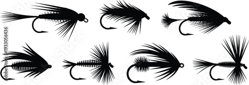 Fishing fly lure silhouette set isolated on gray background, artificial bait hook collection for angling, trout fishing and outdoor sport design