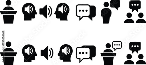 Communication and public speaking icon set, speech bubbles, speaker podium, voice sound, conversation chat, discussion dialogue vector illustration collection