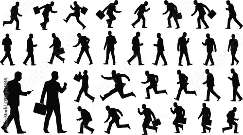 Running business people silhouettes vector collection, professional men rushing walking carrying briefcases isolated