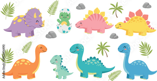 Cute Cartoon Dinosaurs Vector Set with Baby Dino, Egg, Palm Trees and Prehistoric Jungle Elements Illustration