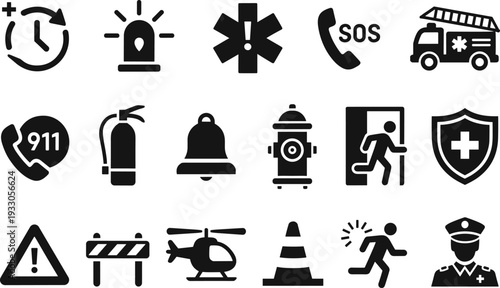 Emergency services and public safety icon set, ambulance police firefighter rescue symbols, alarm siren 911 call, evacuation, fire extinguisher vector illustration collection