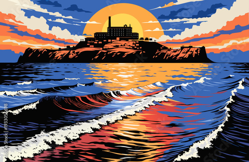 USA, US, U.S, United States - Alcatraz Island Illustration – Vibrant Sunset Art with Colorful Waves, Dramatic Sky, and Iconic San Francisco Landmark
