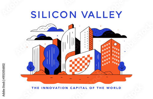 USA, US, U.S, United States - Silicon Valley Illustration – Modern Tech Cityscape Art with Colorful Geometric Buildings and Innovation Capital Theme

