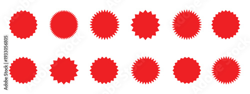 Set of red price sticker, sale or discount sticker, sunburst badges icon. Stars shape with different number of rays. Red starburst promotional badge set, shopping,Special offer price tag