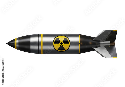 Nuclear bomb with radiation symbol, ominous weapon concept for war and destruction, isolated on white or transparent background. PNG format.