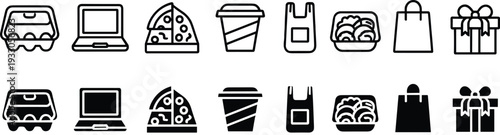 Shopping and food delivery icons set, grocery, laptop, pizza slice, coffee cup, takeaway box, bag and gift vector illustration