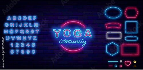 Yoga neon label. Balance and meditation. Glowing blue alphabet. Geometric frames collection. Athletics sport. Gym club. Editable stroke. Vector stock illustration