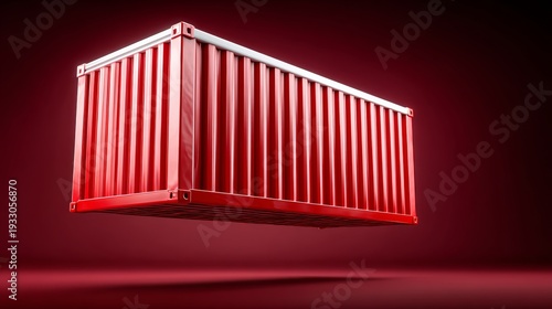 Red shipping container suspended in mid-air against a dark red background, showcasing its metallic texture and structural details, ideal for logistics and transportation themes