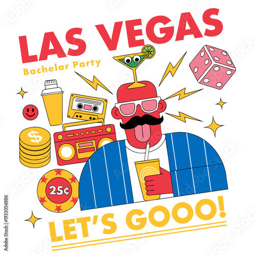 USA, US, U.S, United States - Las Vegas Bachelor Party Illustration – Fun Cartoon Character, Casino Icons, Retro Party Elements, and Colorful Vegas Celebration Design
