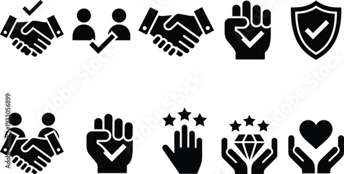 Trust partnership and quality assurance icon set, handshake agreement, verified approval, security shield, premium rating, customer care vector illustration collection