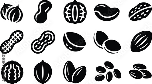 Nuts and seeds silhouette icon set isolated on gray background, healthy snack food collection including peanut, almond and walnut vector