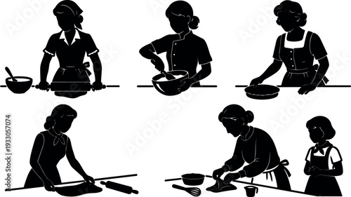 Silhouette vector flat design retro baking women rolling dough mixing batter preparing pies in home kitchen teaching young girl apron