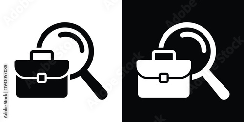 Flat professional briefcase icon with a magnifying glass. Minimalist vector symbol for job search, recruitment, and career discovery. Black and white versions included.