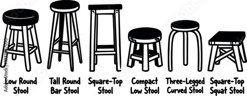 Line art collection of six labeled stool silhouettes showing round square and curved designs in black vector side view illustration