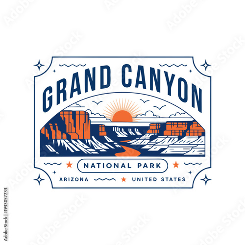 USA, US, U.S, United States - Grand Canyon National Park Emblem – Vintage Badge Illustration with Layered Canyon Rocks, River View, Rising Sun, and Classic Southwest Design

