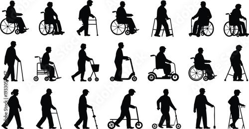 Silhouette collection of people using wheelchairs, scooters, walkers, rollators, canes, and mobility aids representing accessibility, disability support, independence