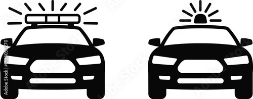 Police car and emergency vehicle silhouettes with flashing siren lights isolated on gray background, law enforcement transport vector icon set