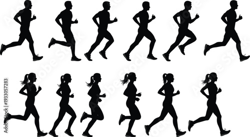 Running man and woman silhouettes vector set, jogging fitness motion sports illustration isolated background