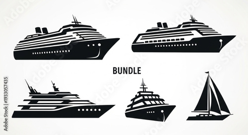 Collection of various black and white ship silhouettes, perfect for maritime design projects.
