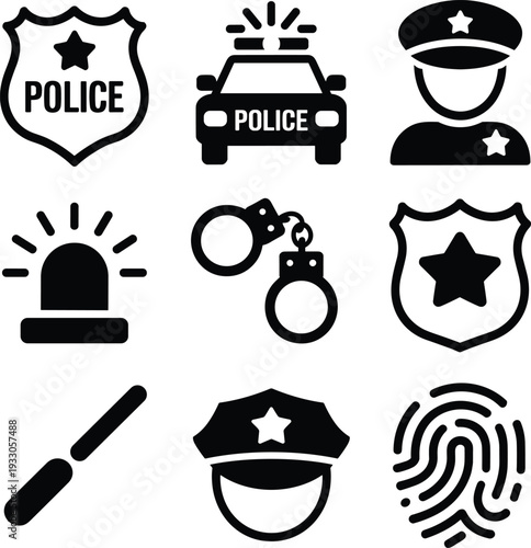 Police law enforcement silhouette icon set isolated on gray background, badge, patrol car, handcuffs and security symbols vector collection