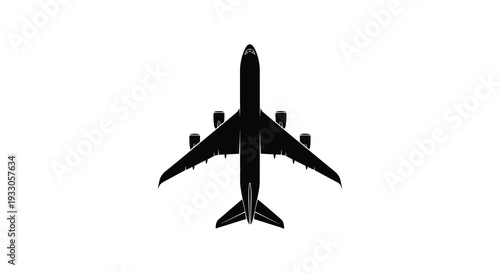 A silhouetted top down view of a large passenger airplane against a white background
