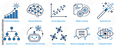 Machine Learning, AI and Data Science 2-Color Line Icon Set