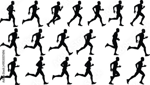 Running man silhouette sequence vector, side view sprint jogging motion fitness training illustration set