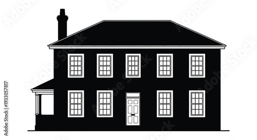 A black silhouette of a classic two story house with a chimney and porch