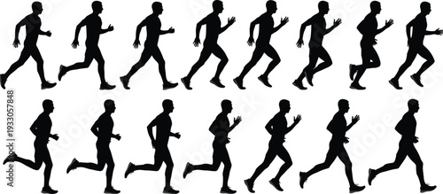 Running man silhouettes vector collection, male jogger side view sprinting fitness motion isolated