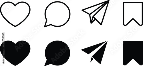 Social media interface icon set with heart, chat bubble, paper plane and bookmark isolated on gray background, flat vector illustration