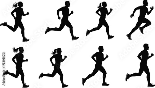 Running people silhouette vector set, male and female jogging motion fitness animation frames isolated
