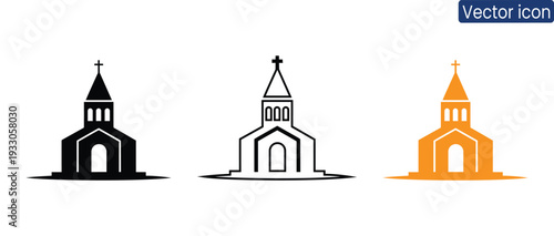 Set of three church icons in black, white, and orange