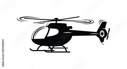 A black silhouette of a helicopter in flight against a white background