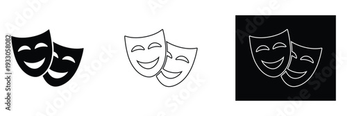 Theatrical comedy and tragedy masks in black, white, and outlined styles