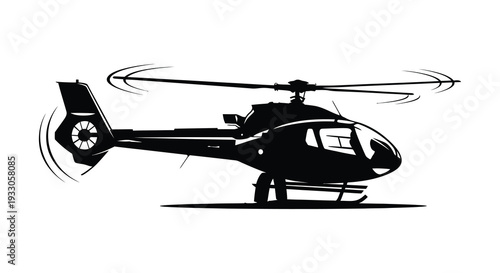 A sleek black silhouette of a helicopter in mid flight showcasing dynamic rotor movement