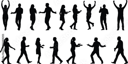 Human body language silhouettes vector set, men women walking talking celebrating expressive gesture poses