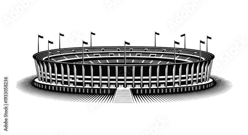 A detailed black and white illustration of a large empty stadium with flags