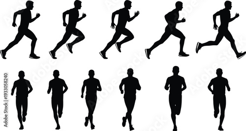 Running man silhouettes vector set, male athlete jogging sprinting fitness motion isolated black figures