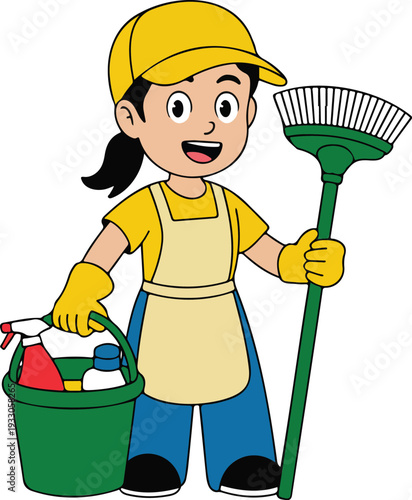 Cartoon Vector Illustration of a Cleaning Worker Holding a Broom and Bucket, Wearing Gloves and Cap for Hygiene Concept