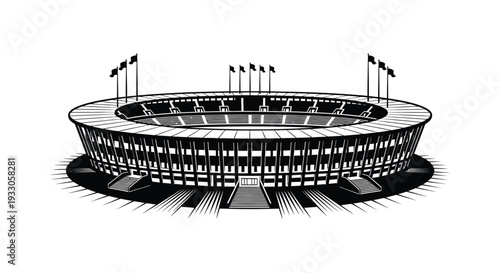 Black and white illustration of a large circular stadium with flags waving