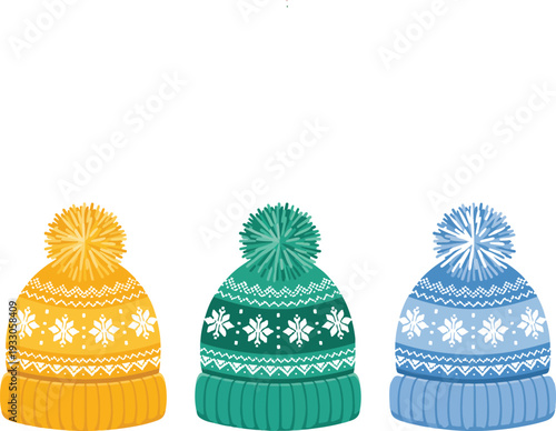Winter Knitted Beanie Hats with Pom-Poms Featuring Nordic Snowflake Patterns in Warm Colors for Cozy Cold-Weather Fashion