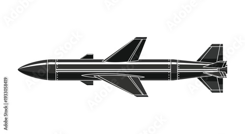 A monochrome side view illustration of a sleek missile shaped aircraft