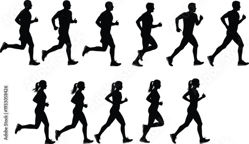 Running men and women silhouette sequence vector, side view jogging sprint fitness motion illustration