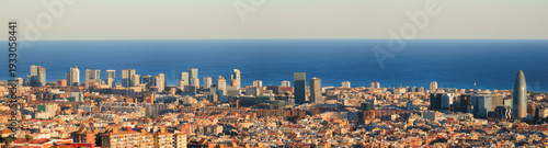 Photography aerial panoramic view of Parc 22@ district at sunset golden hour, Barcelona, Spa