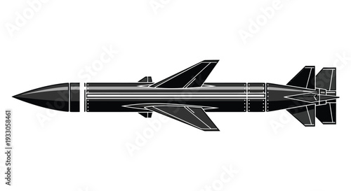 Detailed side view illustration of a black air to air missile with stabilizing fins