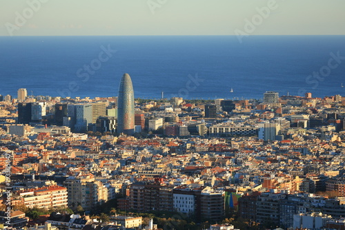 Photography aerial view of Parc 22@ at sunset golden hour, Torre Agbar, Barcelona, Spain