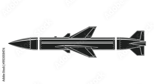 Side view illustration of a black missile with distinct wings and guidance fins